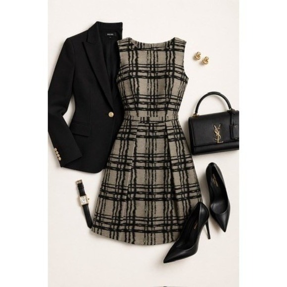 Reiss Dresses & Skirts - Reiss Grey & Black Plaid Fit and Flare Designer Dress Sleeveless Pleated Size 4